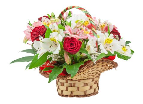 Basket with mics of flowers isolated on white background.