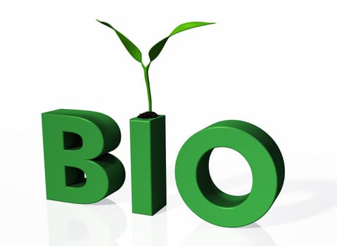 a young plant with some soil on the base is growing on the top of the letter I of the green word "BIO", on a white background