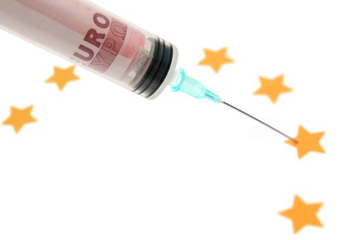 Injection needle containing euro banknotes pinpointing the euro stars symbolising a financial cash injection or bailout concept 
