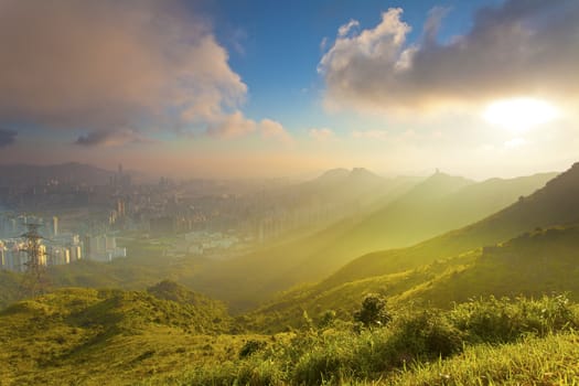 Evening sunset scene along mountains