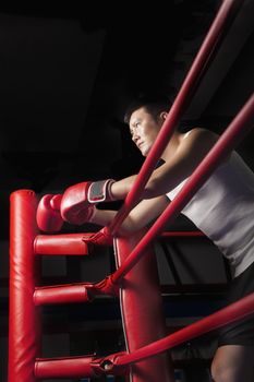 Serious male boxer resting his elbows on the ring side, low angle view