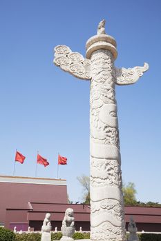 Tiananmen Square, Gate of Heavenly Peace with ornamental pillar, Beijing, China.