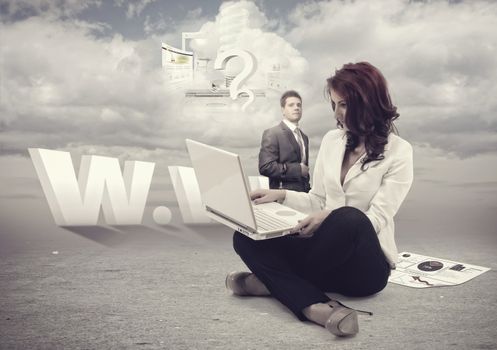 Man and businesswomen outside working with cloud computing.All elements can be found in my portfolio