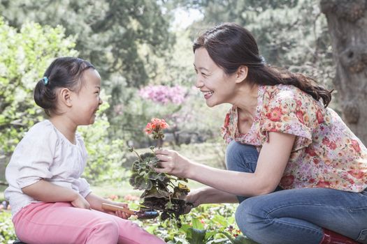 Mother and daughter planting flowers.