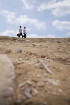 Two young businessmen walking through the desert, in the distance