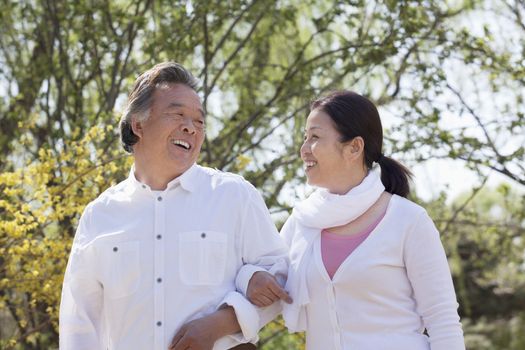 Happy senior couple holding hands and going for a walk in the park in springtime, Beijing