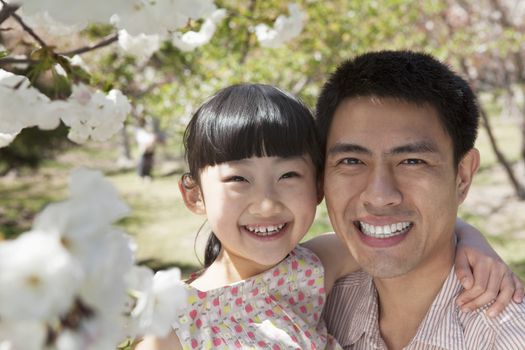 Smiling father and daughter enjoying the cherry blossoms on the tree in the park in springtime, portrait