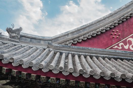 Close-up of ornate roof tiles on Chinese building. 