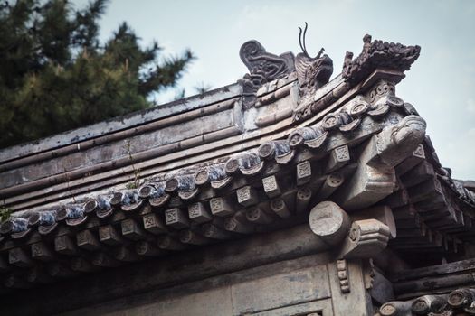 Close-up of ornate roof tiles on Chinese building. 