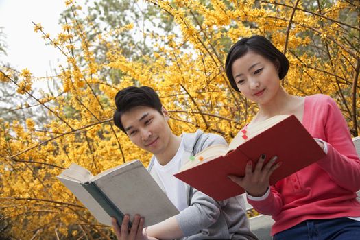 Young happy couple sitting on a park bench reading books, springtime in the park