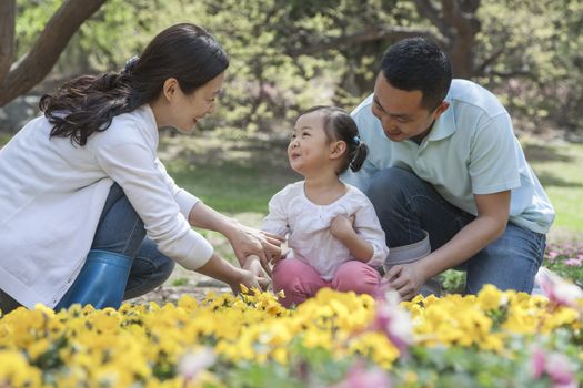 Family sitting in flower garden.