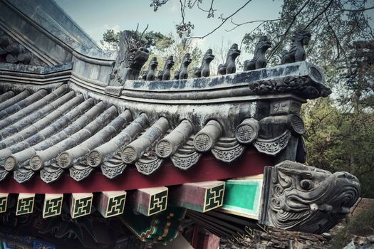 Close-up of ornate roof tiles on Chinese building. 