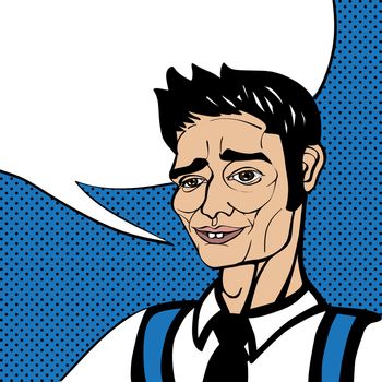 Pop art portrait of an ugly businessman with speech bubble over a blue background with dots