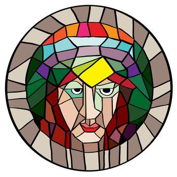 Phantasy stained glass portrait, illustration of an old dark person with multicolored hair and crown, cartoon isolated on white