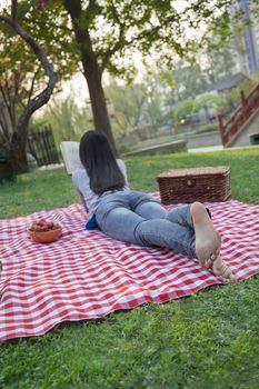 Young woman lying on her stomach on a checkered blanket and reading in the park, having a picnic