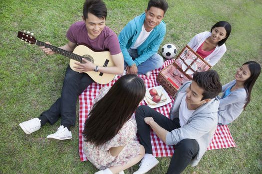 Six friends having a picnic and hanging out in the park, playing guitar and talking