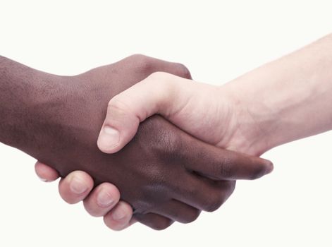 Two young men shaking hands, close-up, studio shot