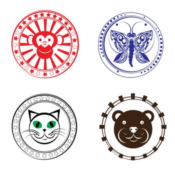 Baby animal head stamps collection, decorative seals isolated on white