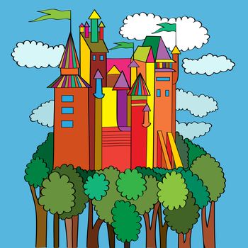 Medieval castle over a green forest surrounded by clouds, multicolored cartoon background
