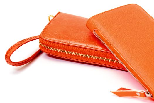 New Orange Leather Wallets on white background