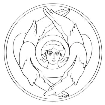 Seraph freehand outline drawing, illustration in a round medalion isolated on white 
