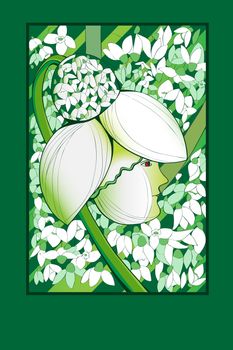 Hand drawn illustration of a snowdrop with human head in a garden, spring greetings greencard
