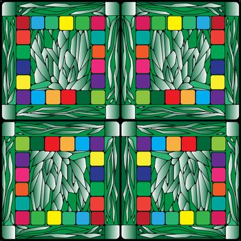 Stained glass background with plants and multicolored squares, pattern composition