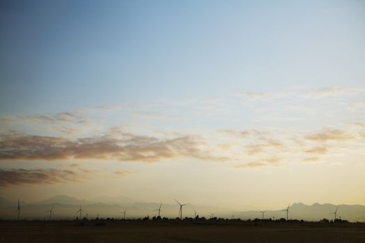 Landscape of a wind farm at sunset