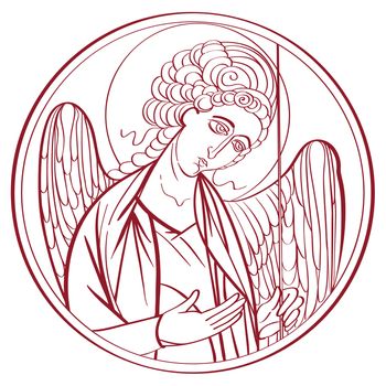 Archangel outline drawing, hand drawn illustration of an orthodox icon interpretation isolated on white