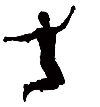 Silhouette of businessman jumping, mid-air.