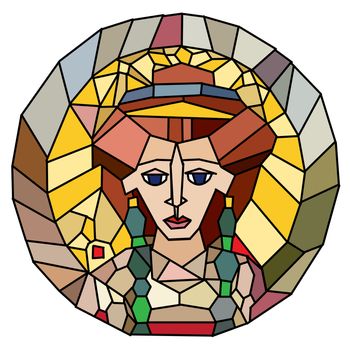 Stained glass style artwork isolated on white, original interpretation of an antique portrait of empress Theodora from San Vitale, Ravenna