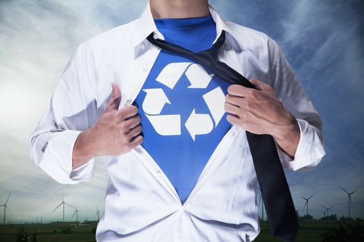 Businessman with open short revealing shirt with recycling symbol underneath