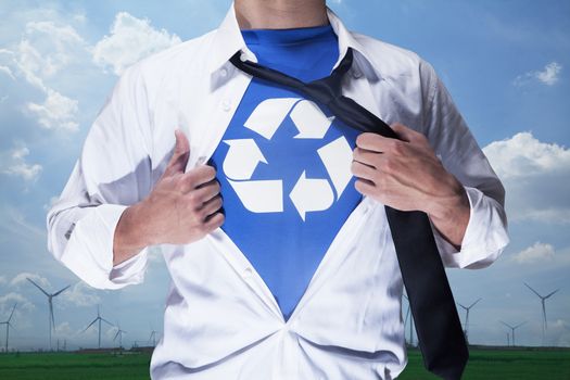 Businessman with open short revealing shirt with recycling symbol underneath