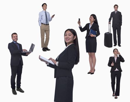 Group of business people working, talking on phone, walking, studio shot, full length