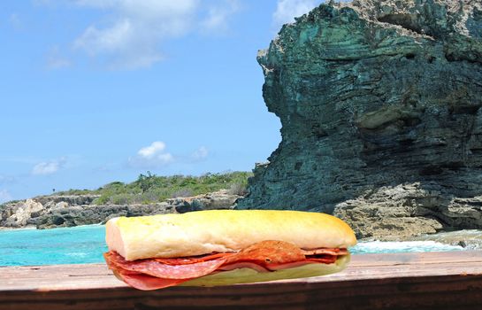 a sandwich resting on a deck overlooking the clear blue ocean in the Bahamas