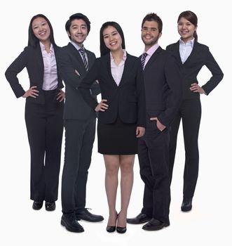 Portrait of five young smiling businesswomen and young businessmen, looking at camera, studio shot