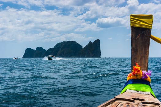 Boats at sea against the rocks in Thailand. Phi Phi Island