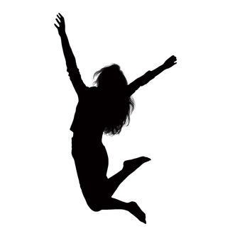 Silhouette of businesswoman jumping, mid-air.