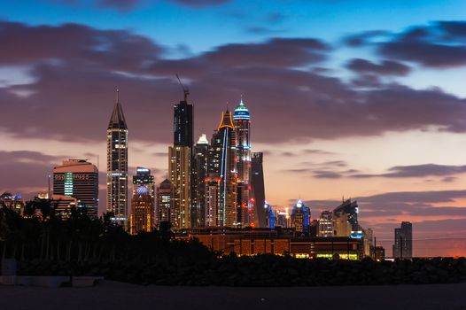 Dubai Marina skyline at dusk, Dubai, United Arab Emirates