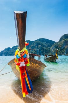 Boats at sea against the rocks in Thailand. Phi Phi Island