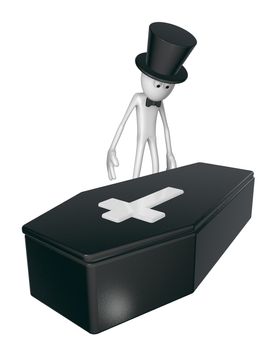black casket whit christian cross and white guy with topper - 3d illustration