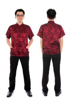 Full body front and back view Asian man with Chinese traditional cheongsam or tang suit. Chinese New Year concept. Male model isolated on white background.