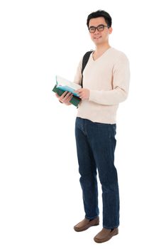 Full body Asian adult man student in casual wear with school bag carrying text books standing isolated on white background. Asian male model.