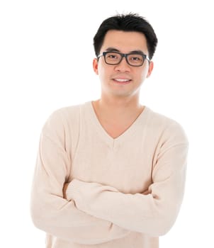 Front view headshot Asian man in casual wear standing isolated on white background. Asian male model.