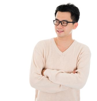 Front view headshot Asian man in casual wear looking at side standing isolated on white background. Asian male model.