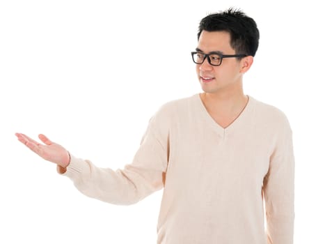 Front view headshot Asian man in casual wear standing isolated on white background. Asian male model.