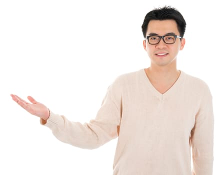 Front view headshot Asian male in casual wear standing isolated on white background. Asian male model.
