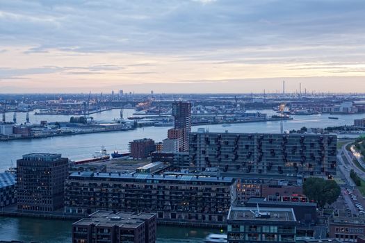 View of Rotterdam from height of bird's flight at night