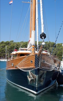 prow of wooden sailboat - front view