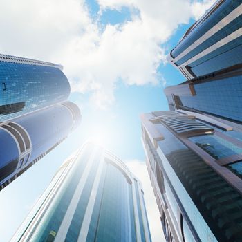 Bottom view of modern skyscraper. Business district